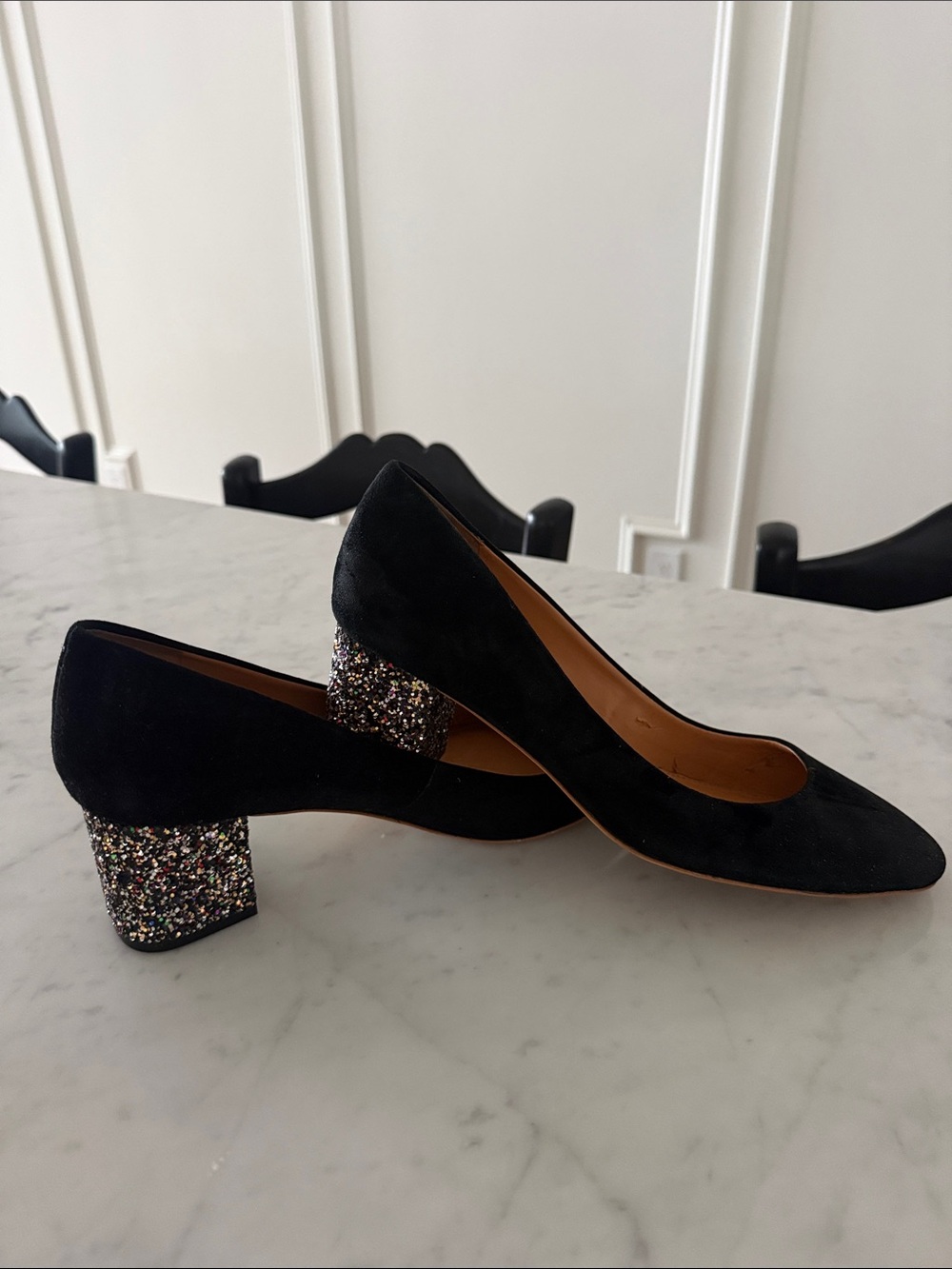 J. Crew Black Suede Pumps with Multicolor Glitter Block Heel